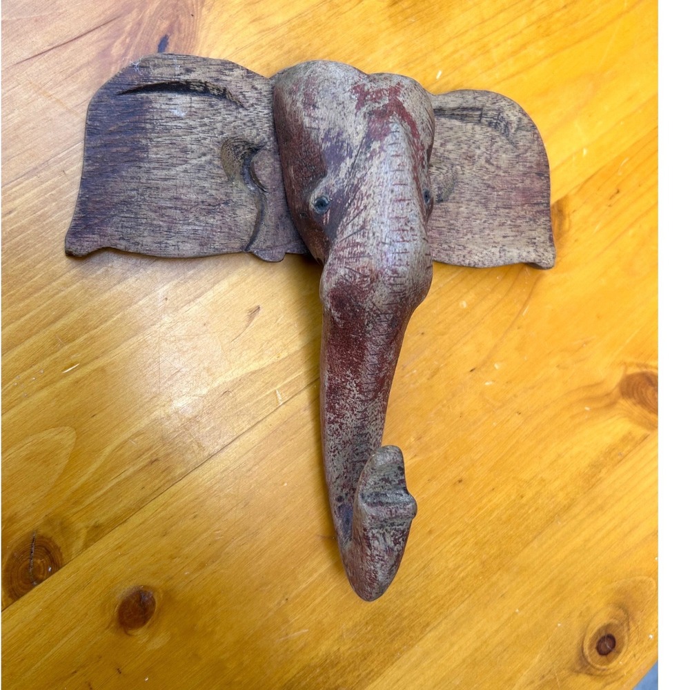 Vintage Hand Carved Wood Elephant Wall‎ Hook Brown Red Rustic Boho 1970s Decor